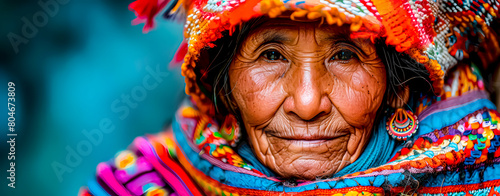 Quechua old woman wearing a colorful costume typical of the region mainly from the Andes mountain range and the Amazon photo