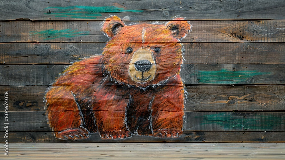 Naklejka premium A painting of a brown bear on a wooden wall beside a wood-planked wall with a wooden-planked wall in the background