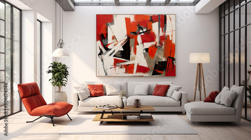 Bask in the artistic elegance of a red wingback chair and a white sofa in a bright room, featuring suprematism style interior design with abstract geometric shapes photo
