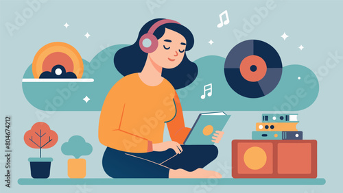 A woman recovering from a brain injury listens to her favorite vinyl records during music therapy sessions. The the uses the familiar songs to help Vector illustration