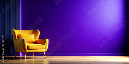 Wall mock up in dark tones with yellow armchair on Blue wall background.