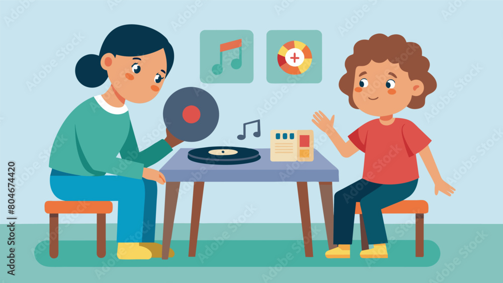 A young child with autism sits at a table intently listening to a vinyl record playing. As the music fills the room their the uses the opportunity to Vector illustration A young child with autism sits at a table intently listening to a vinyl record playing. As the music fills the room their the uses the opportunity to Vector illustration