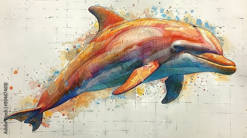   Watercolor dolphin painting on white canvas, splashed with vibrant paint below belly photo