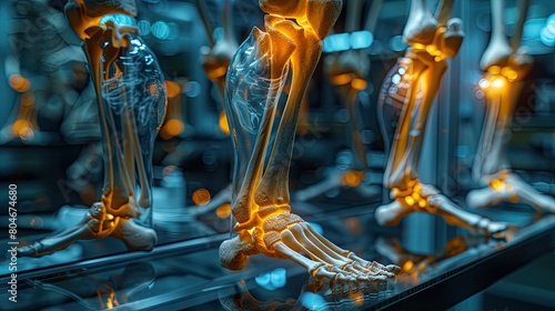 The doctor uses x-ray medical orthopedic technology to diagnose knee arthritis.