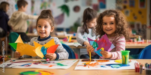 Two young girls are sitting at a table in a classroom, painting and creating art