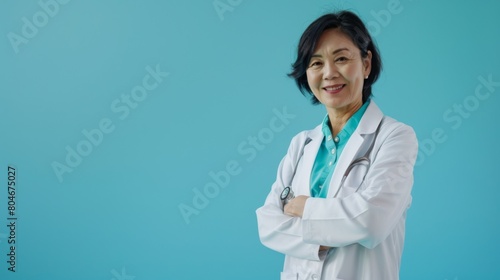 Portrait of asian senior female doctor with stethoscope on blue background. Space for text