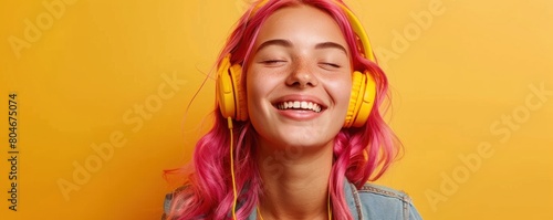 Enchanting sight  a young girl with pink hair and delightful freckles enjoying music through her headphones