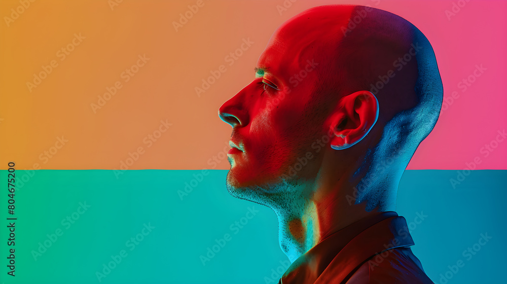A man with a shaved head is standing in front of a colorful background