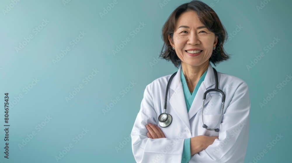 Portrait of asian senior female doctor with stethoscope on blue background. Space for text