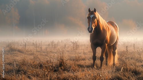 Elegant Horse in Misty Meadow - Detailed 2D Illustration with Copy Space for Text. Ethereal Morning Fog Surrounds the Majestic Equine. Soft Pastel Palette.