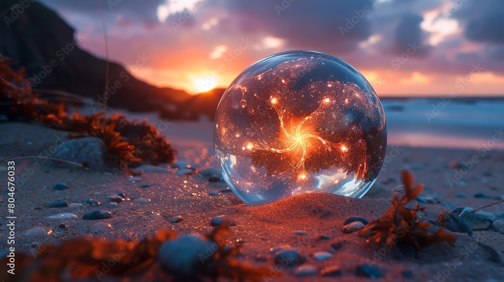 Glass orb with flower neon lights inside glowing Glass orb with flower neon lights inside glowing
