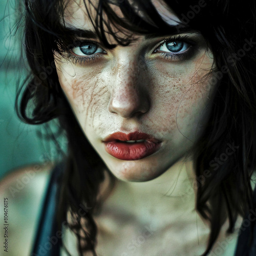 Young woman with black hair, blue eyes, freckles, red lips, scars, unhappy expression.