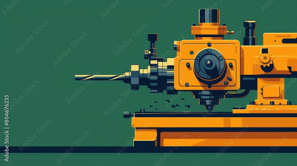 Flat solid color illustration of a yellow milling machine on a deep green background shaping metal.