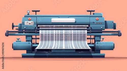 Flat solid color illustration of an indigo printing press on a peach background producing newspapers.