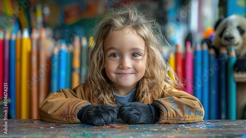   A child sitting at a table in front of colorful pencils, with a panda in the background