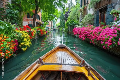 a boat riding in a narrow canal having beautiful flowers on both edges photo