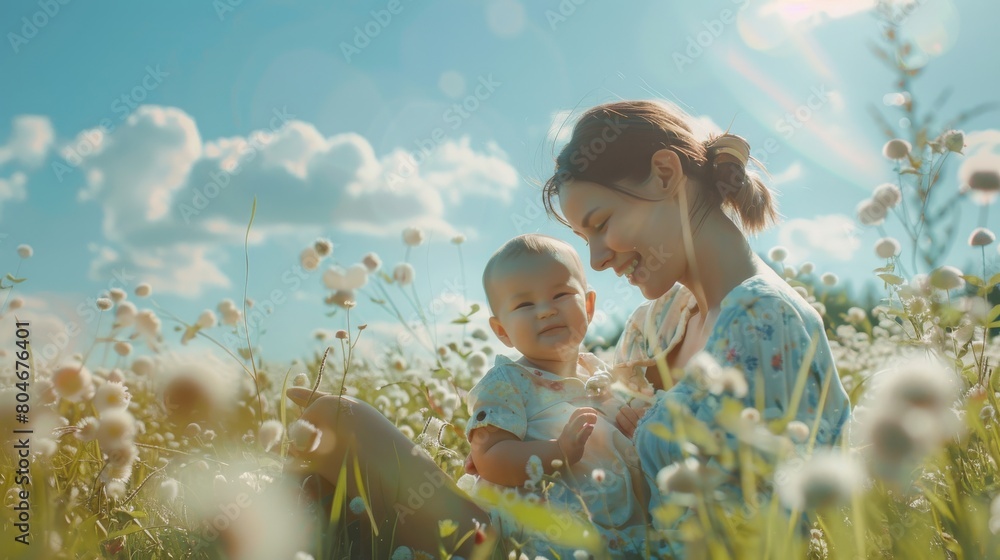 A beautiful scene of a mother smiling joyously as she spends precious moments with her baby in a field of cotton A beautiful scene of a mother smiling joyously as she spends precious moments with her baby in a field of cotton
