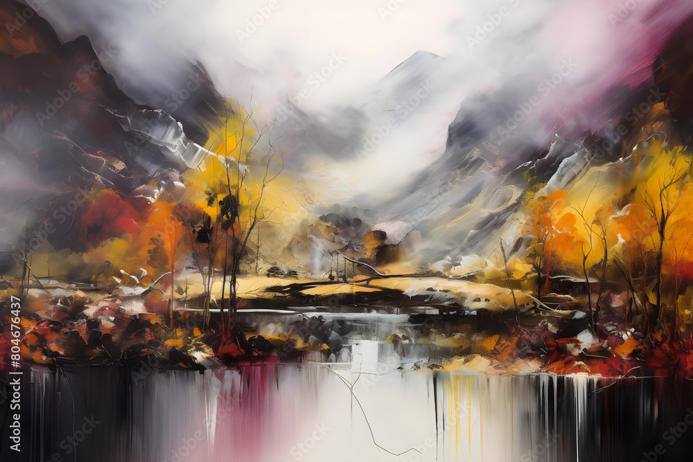 mystical valley by lake, abstract landscape art, painting background, wallpaper, generative ai