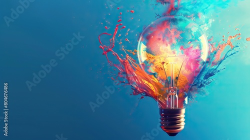 Creative light bulb explodes with colorful paint splashes and shards of glass on a black background. Think differently creative idea concept. Dry paint splatter. AI generated illustration. photo