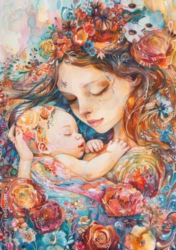 Beautiful and intricate depiction of a mother cuddling her sleeping child surrounded by flowers photo