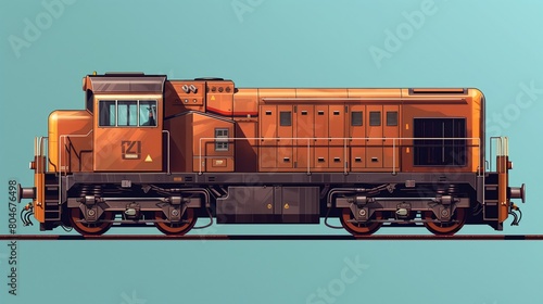 Flat solid color illustration with no gradient: copper brown locomotive on azure background--Rail Transport and Heavy Machinery