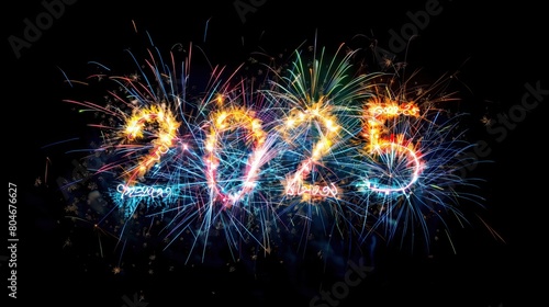 The image displays a vibrant fireworks display forming the numbers  2023  against a dark background