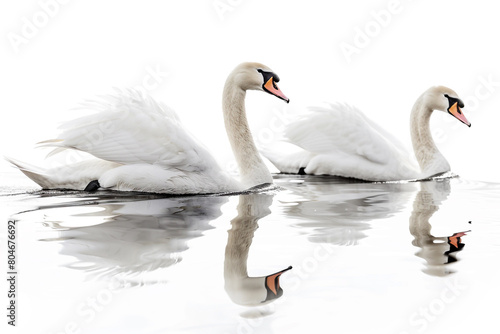 A pair of elegant swans gracefully gliding across a glassy pond  isolated on solid white background.