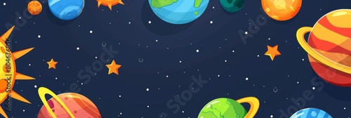 Whimsical cartoon planets and stars seamless pattern on midnight blue background
