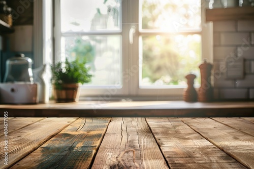 Wooden texture table top on blurred kitchen window background - generative ai