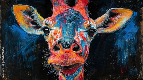   A vibrant painting of a giraffe's face, expertly blended with colored pencils and acrylic paints against a deep black canvas