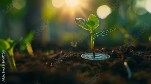 Plant Growing Through a Coin Slot, Highlighing the financial rewards of green investments, close-up