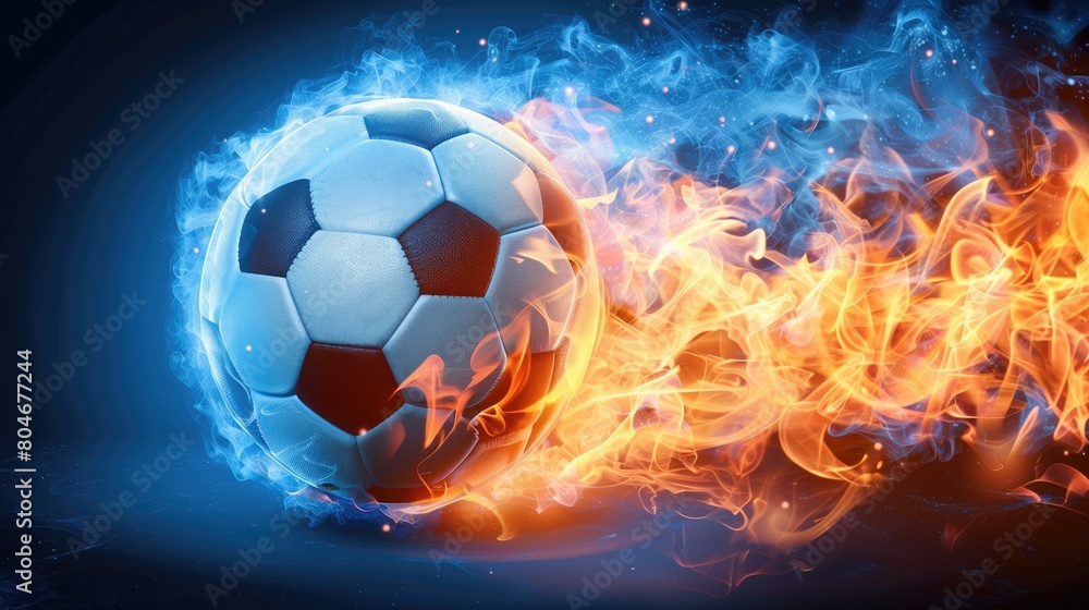 Naklejka premium Soccer ball in fire flames on dark background. 3d illustration