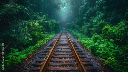  A lone figure stands on the edge of a dense forest, gazing intently at a solitary train track that winds through the verdant foliage