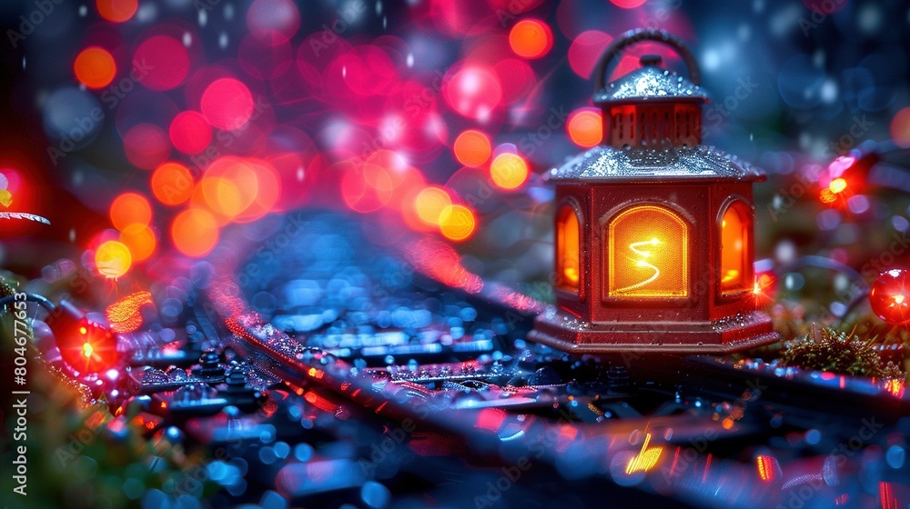   A clearer image shows a red lantern placed on a train track amidst a blurred background of train tracks
