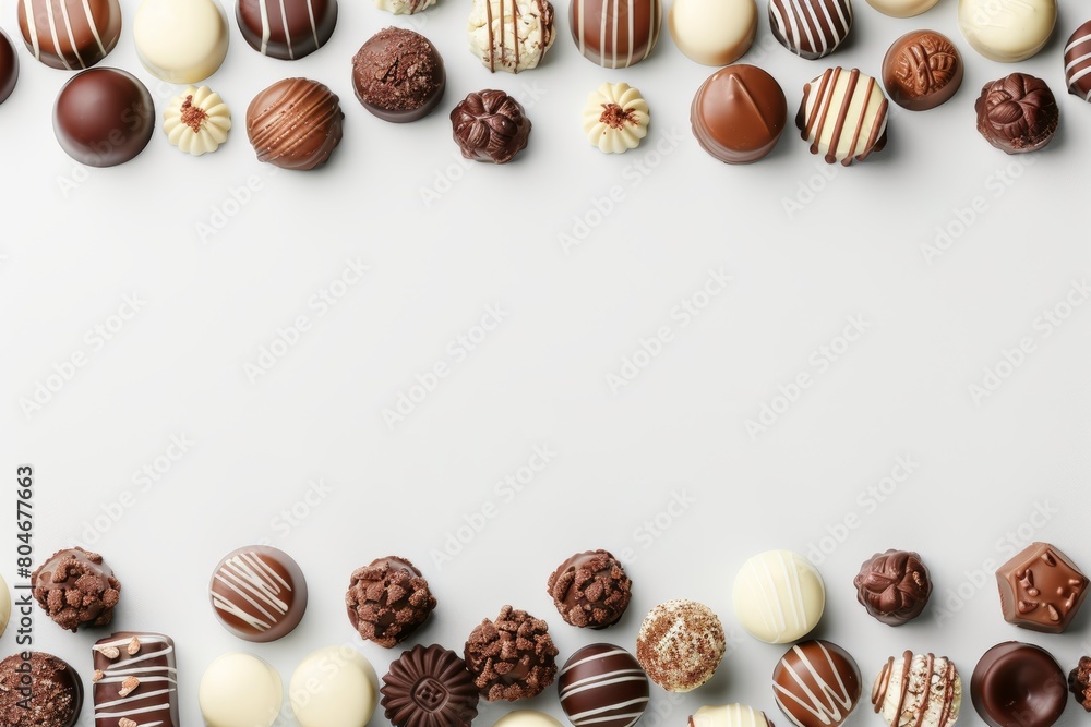 Obraz premium Assorted chocolates showcase diverse shapes, sizes, and flavors against minimalist backdrop