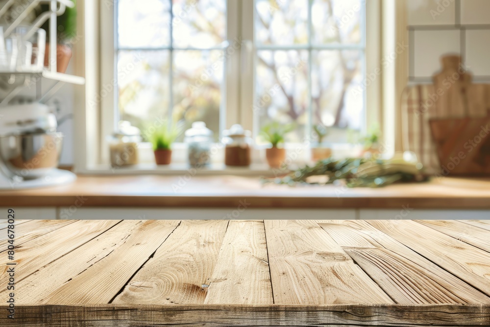 Wooden texture table top on blurred kitchen window background - generative ai Wooden texture table top on blurred kitchen window background - generative ai