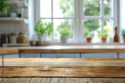Wooden texture table top on blurred kitchen window background - generative ai