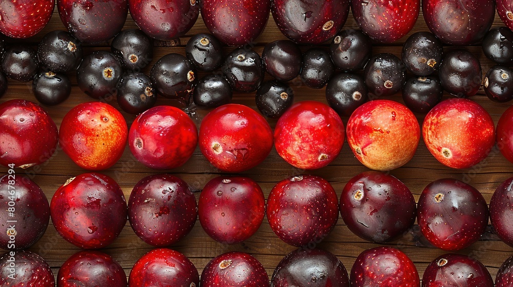 A wooden table laden with numerous plums A wooden table laden with numerous plums