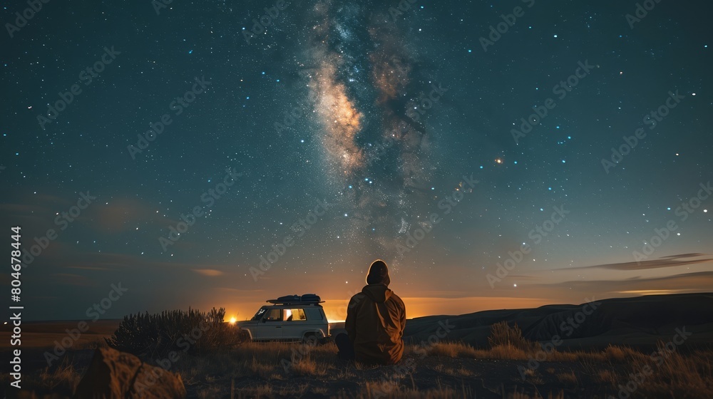 A man is sitting in the grass and looking up at the stars. The sky is dark and the stars are shining brightly. The scene is peaceful and serene, and it conveys a sense of wonder
