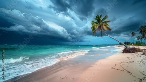 A beach with a palm tree and a stormy sky. The sky is dark and cloudy  and the water is calm