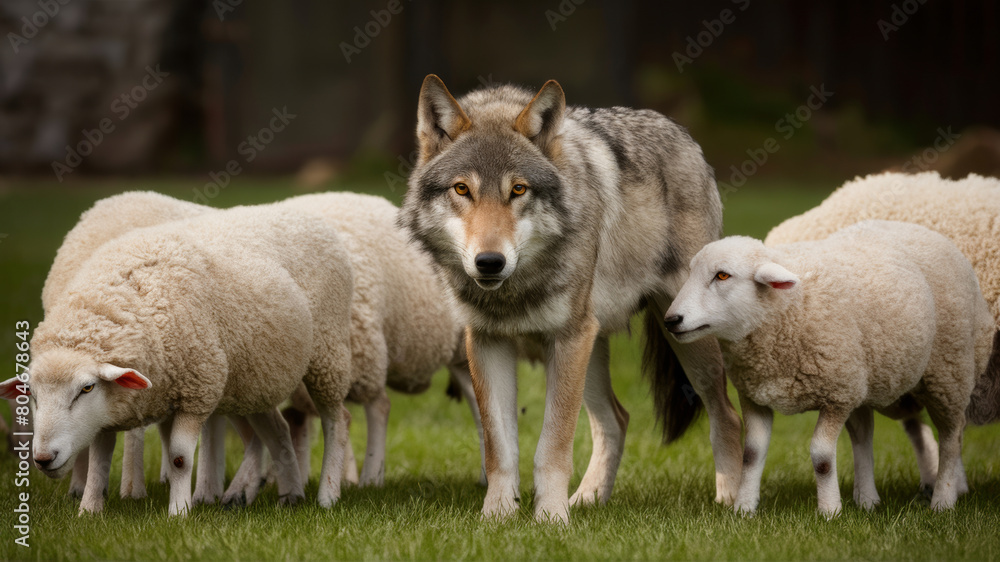 Obraz premium A wolf among sheep: The animal stares into the camera, surrounded by a flock of white sheep on green grass