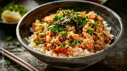   A close-up image of a bowl of food with chopsticks placed beside it on a table