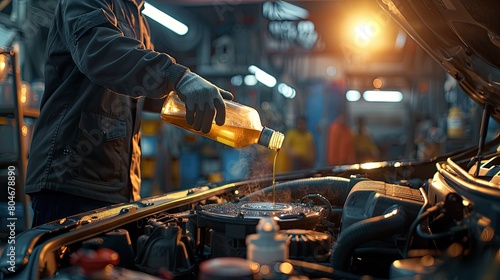 a man pours oil into a car engine