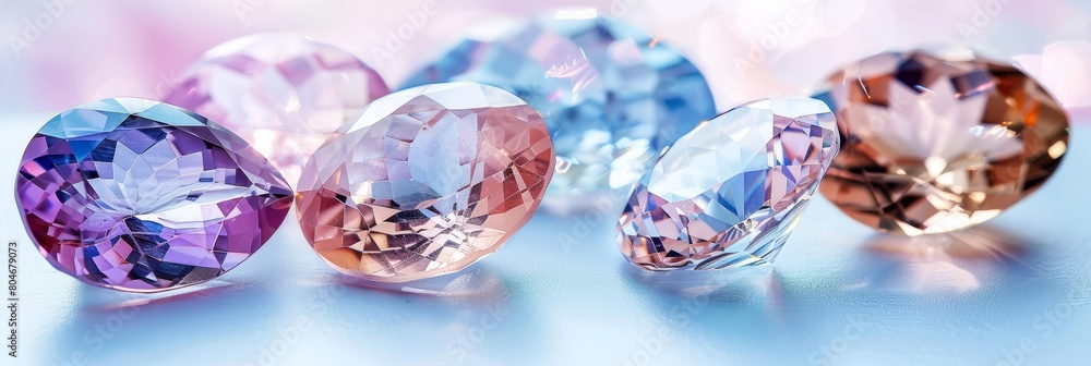 Elegant gemstones shimmer in sunlight on serene white background, accentuating natural beauty Elegant gemstones shimmer in sunlight on serene white background, accentuating natural beauty