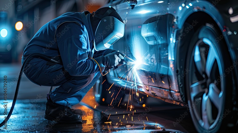 a man in protective clothing is welding a car a man in protective clothing is welding a car