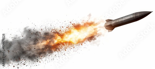 Dynamic missile rocket with fiery trail in minimalist composition, emphasizing power and motion