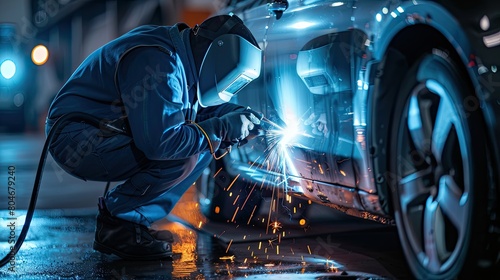 a man in protective clothing is welding a car