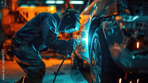a man in protective clothing is welding a car © Артур Комис