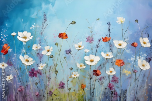 oil painting. wildflowers  daisies  butterflies on a blue background_4.