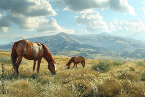 a brown hairy horses grazing in a plane field